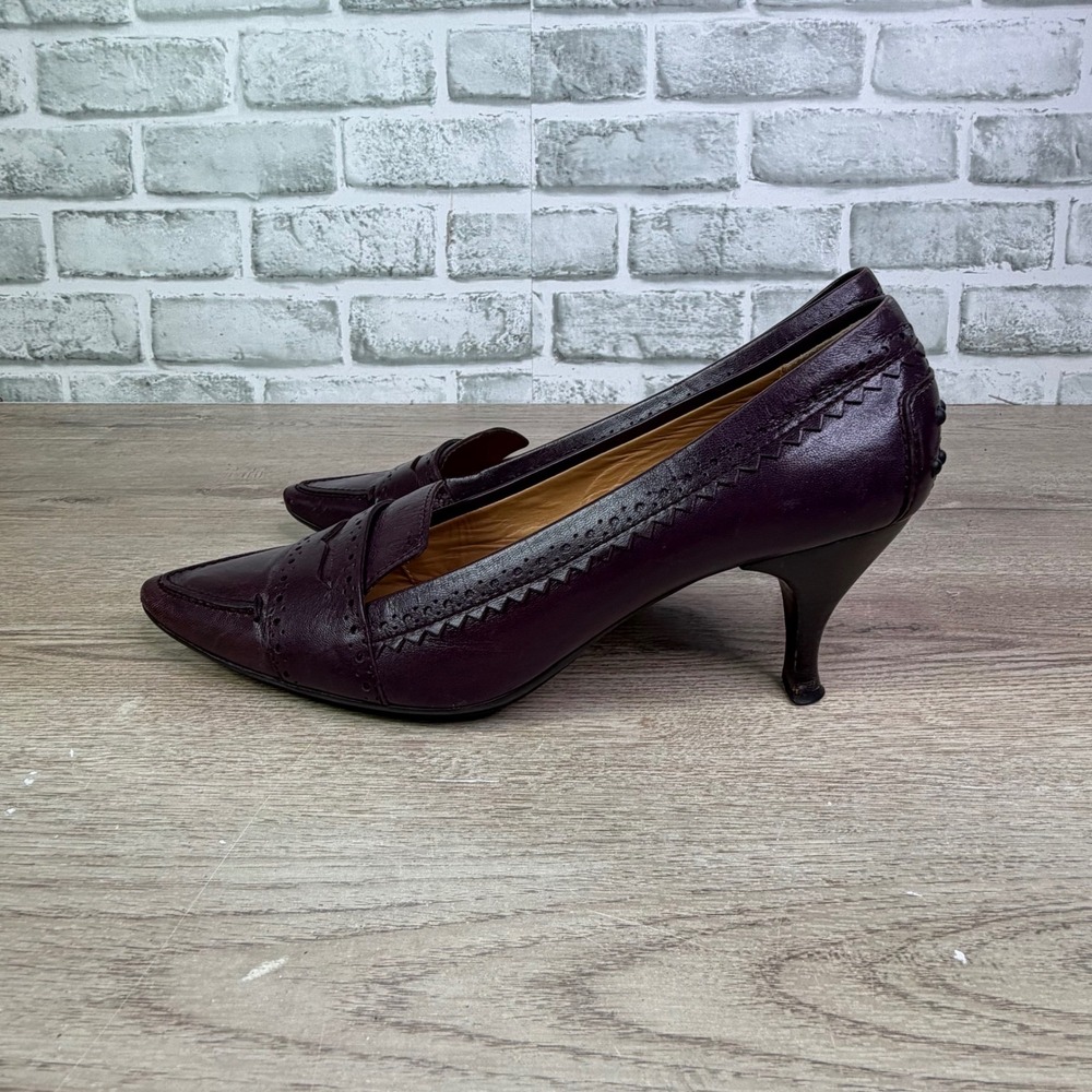 Tod's‎ Burgundy Leather Brogue Loafer Kitten Heels Size 10